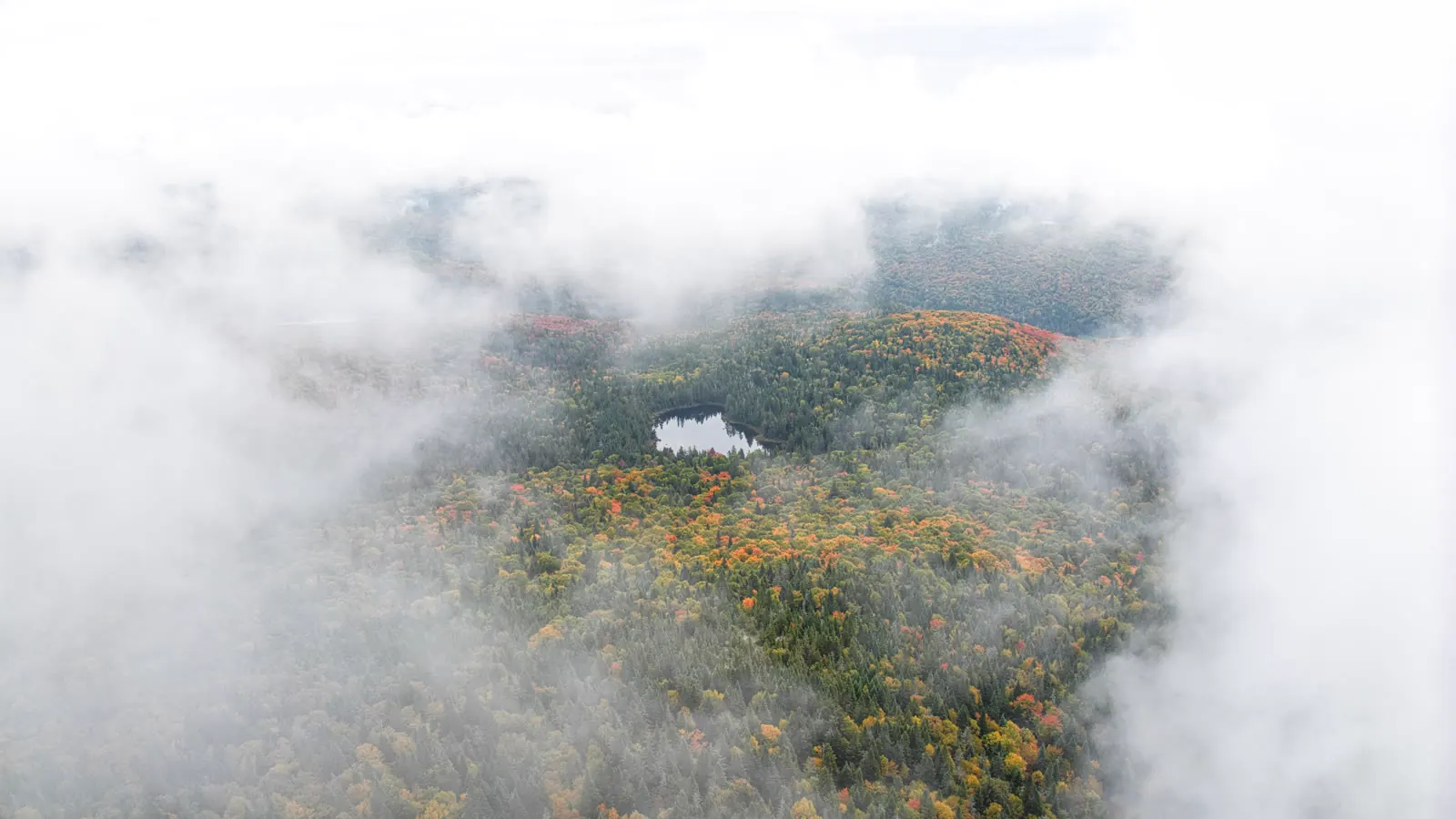 Vue aérienne d'un lac dans les Laurentides, forêt d'automne dans la brume